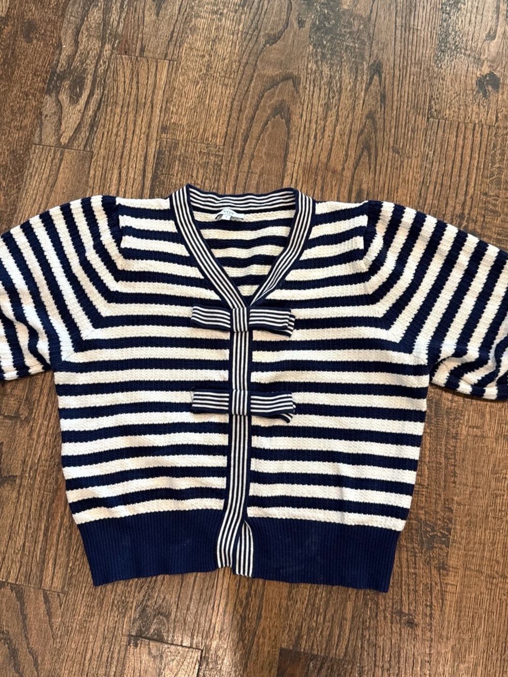 Navy and White Striped V-Neck Sweater with Toggle Detail